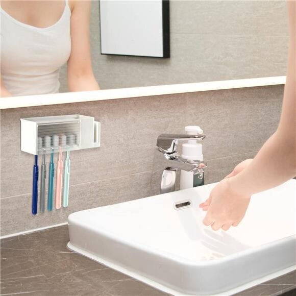Wall mount toothbrush holder with cover self adhesive bathroom organizer storage - Picture 2 of 7